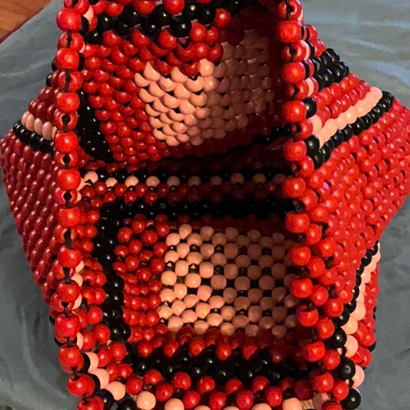 Ulla Johnson Red and Black Beaded Clutch with Wooden Handle